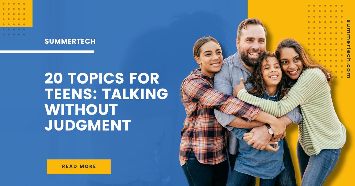 A family—two parents and two daughters—hug each other, representing a resource offering 20 topics for talking with teens without judgment. The image promotes open communication and understanding between parents and teenagers.