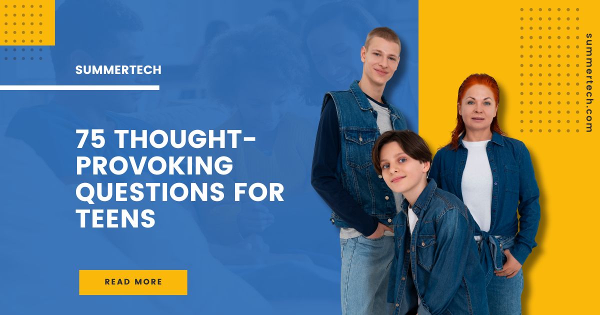 Three individuals in denim stand against a blue and yellow background, promoting 75 thought-provoking questions for teens on SummerTech