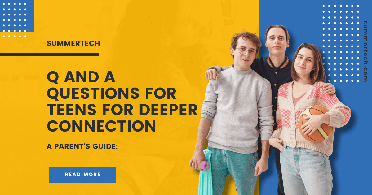 Three teenagers stand together, one holding a skateboard and another holding a basketball. The image promotes a parent's guide to Q&A questions for teens, designed to foster deeper connection.