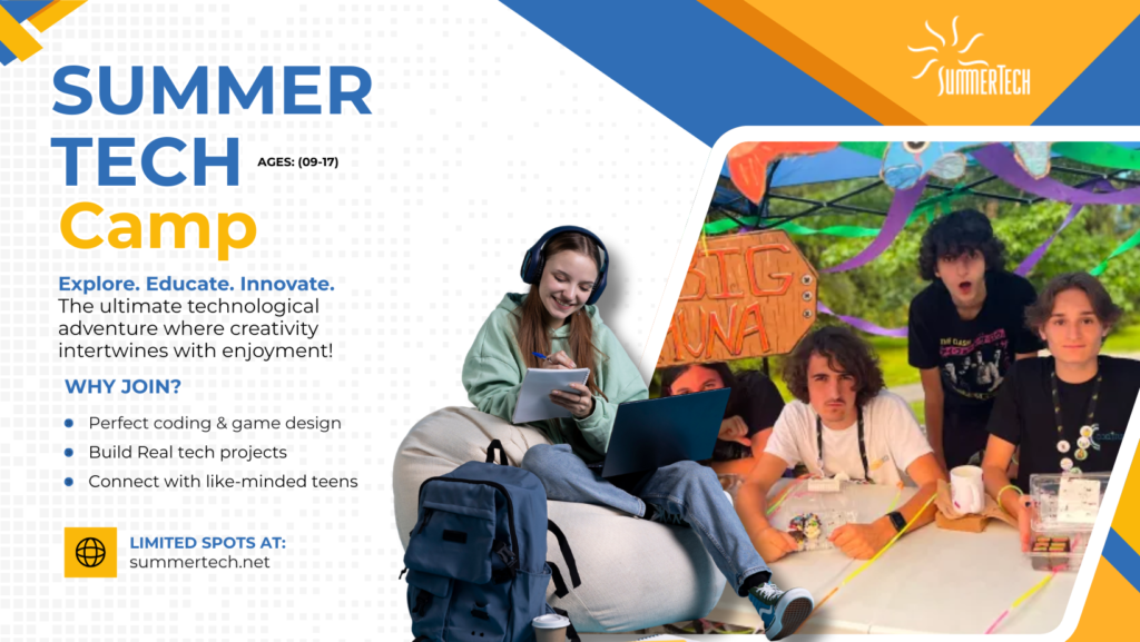 A split image shows a teen working on a laptop and taking notes, juxtaposed with a group of teens engaged in a tech project. The image promotes a Summer Tech Camp for ages 9-17, offering an ultimate technological adventure that intertwines creativity with enjoyment. Activities include coding, game design, and building real tech projects, along with opportunities to connect with like-minded teens.